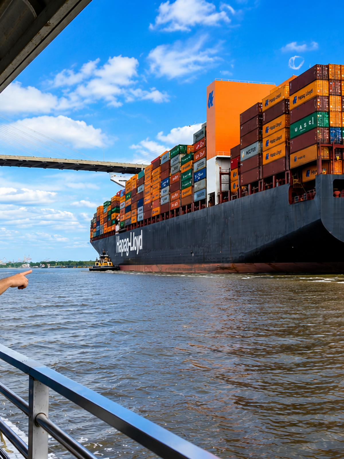People on a boat watching a large container ship on a river.