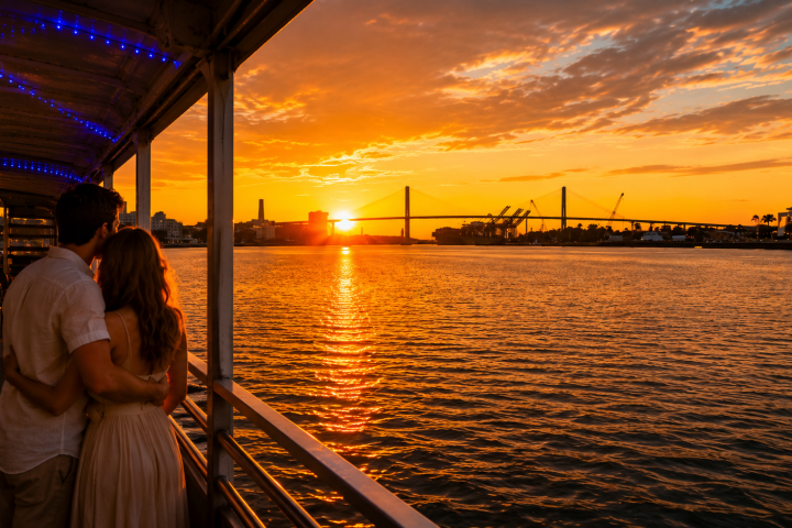 Couple embraces on boat at sunset with city skyline and bridge in background.