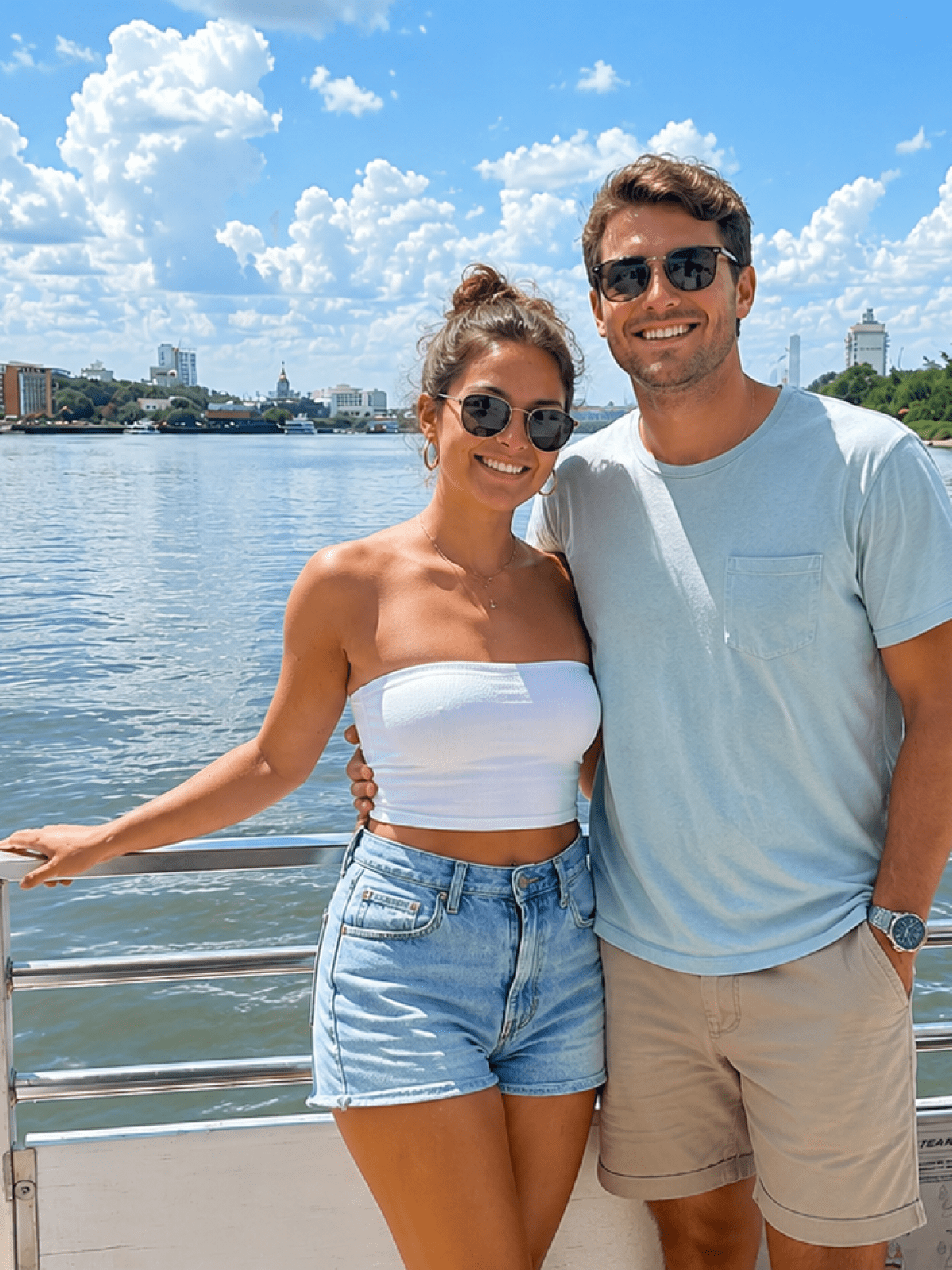 Smiling couple on a boat with a cityscape and blue sky in the background.