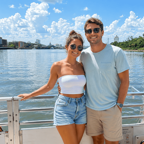 Smiling couple on a boat with a cityscape and blue sky in the background.