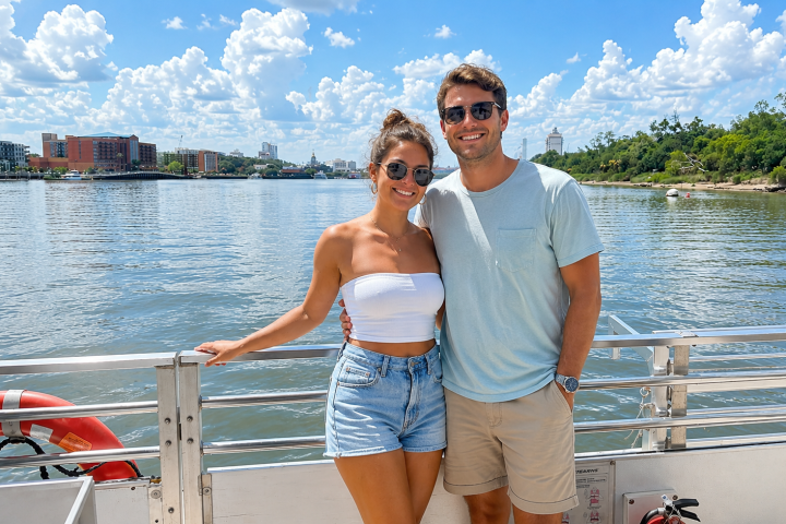Smiling couple on a boat with a cityscape and blue sky in the background.