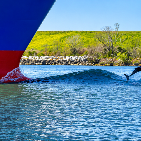 Two dolphins jumping near a large ship's bow in a calm river.