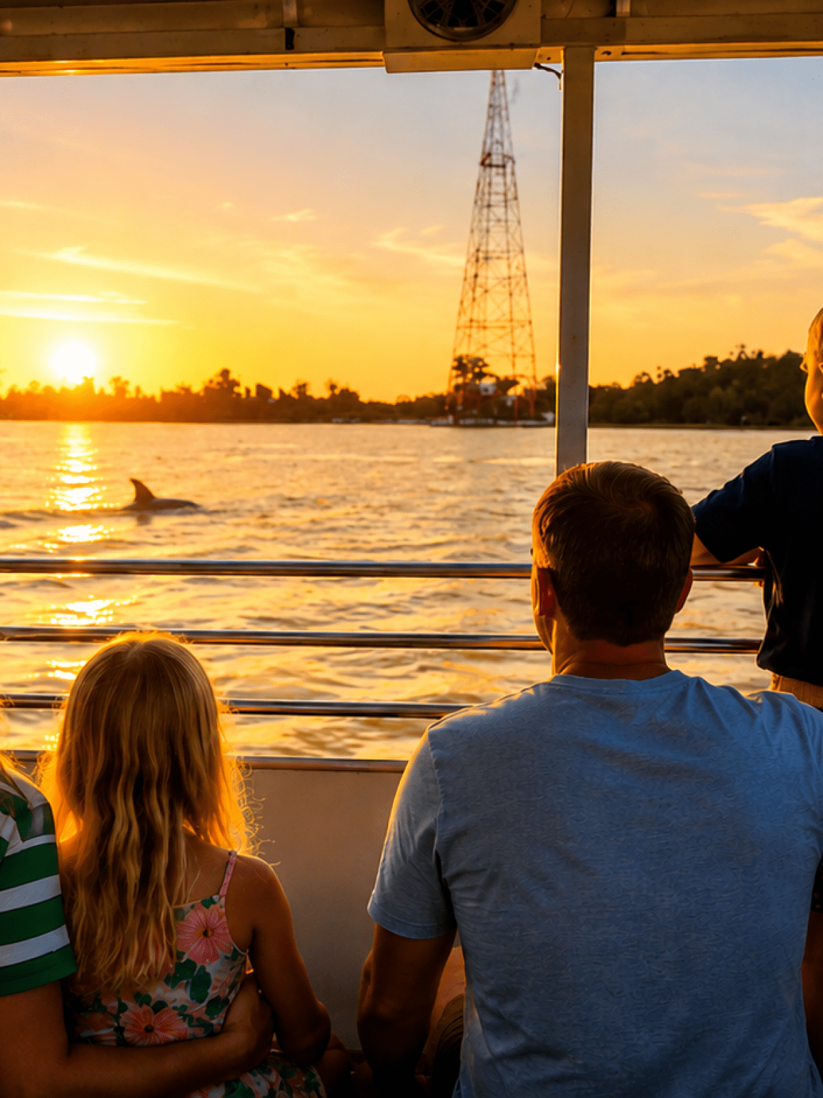 Family on a boat watching a sunset over water with dolphins.
