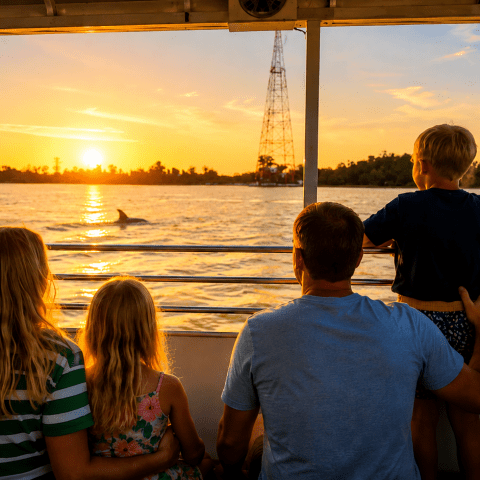 Family on a boat watching a sunset over water with dolphins.