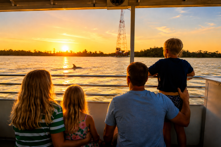 Family on a boat watching a sunset over water with dolphins.