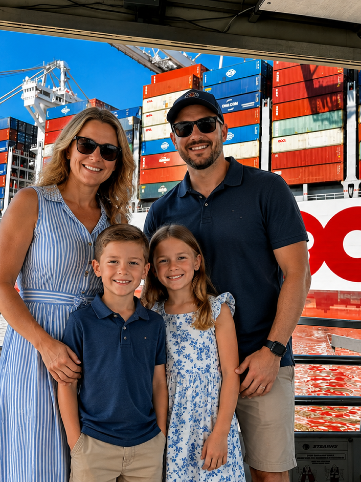 Family of four posing on a dock with large container ship in the background.