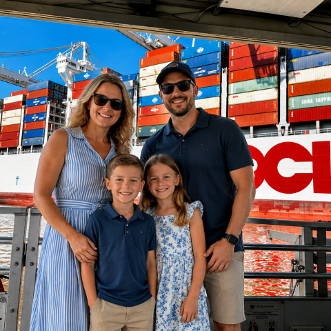 Family of four posing on a dock with large container ship in the background.