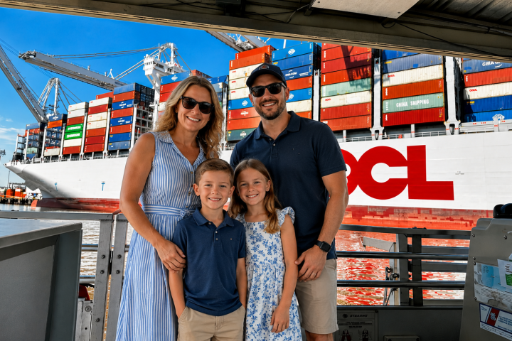 Family of four posing on a dock with large container ship in the background.