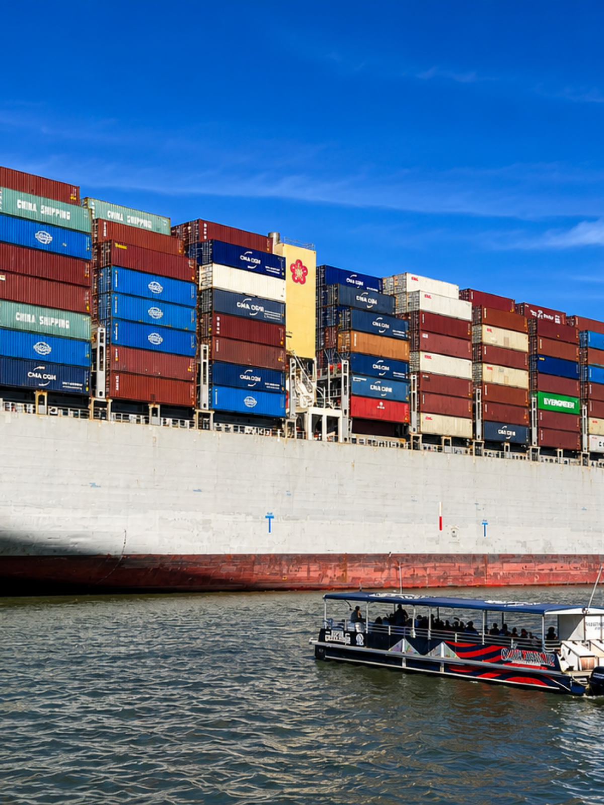 Large cargo ship with colorful containers, small boat in foreground on the water under a clear blue sky.