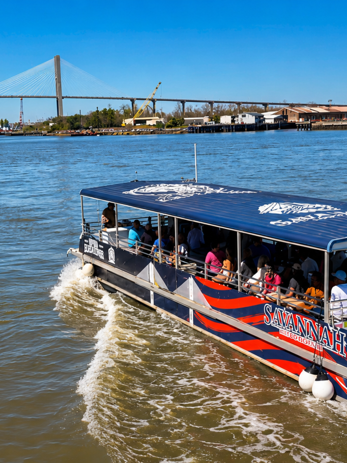 Boat on river with passengers, bridge and industrial area in background.