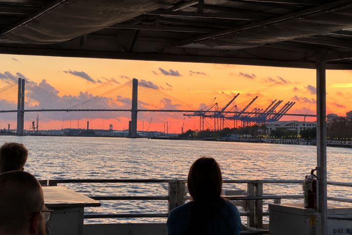 People on a boat at sunset with a bridge and cranes in the background.