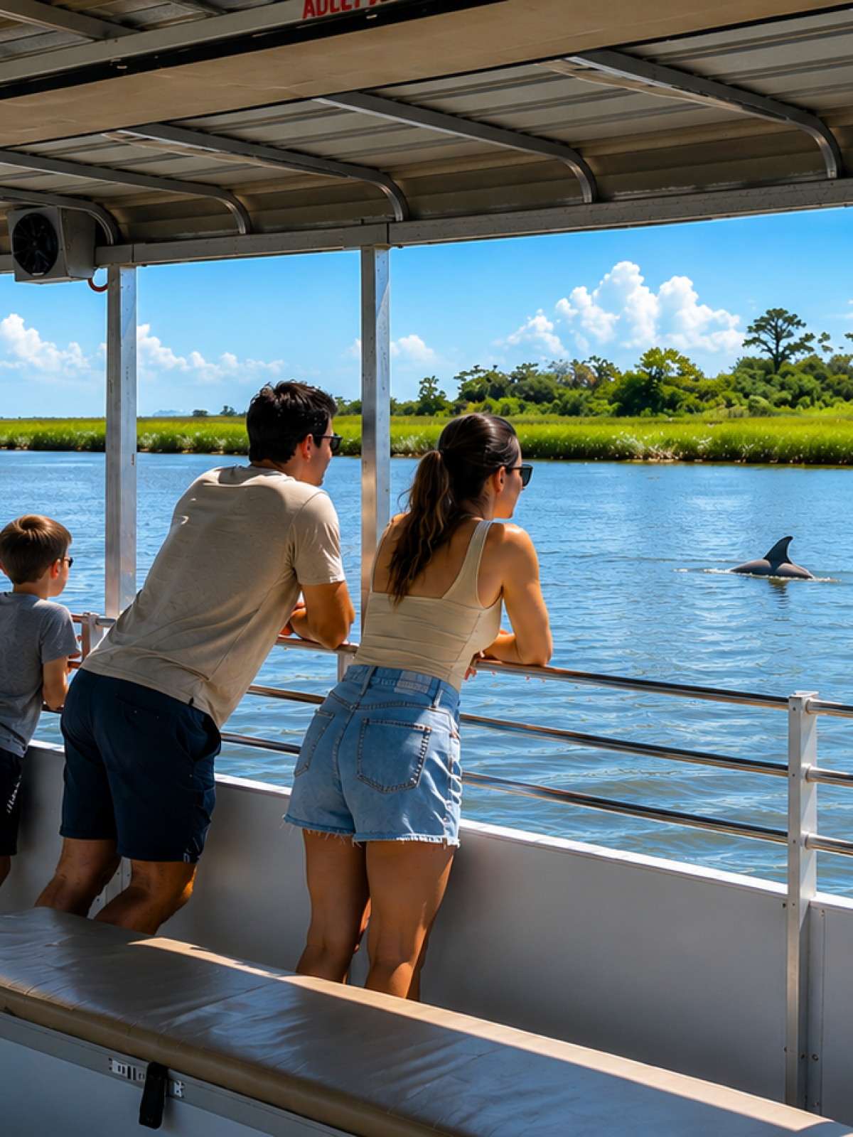 People on a boat watching a dolphin in the water.