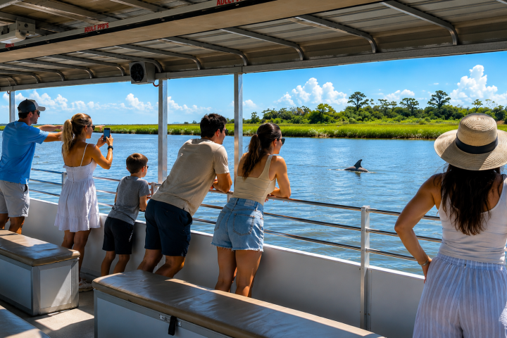 People on a boat watching a dolphin in the water.