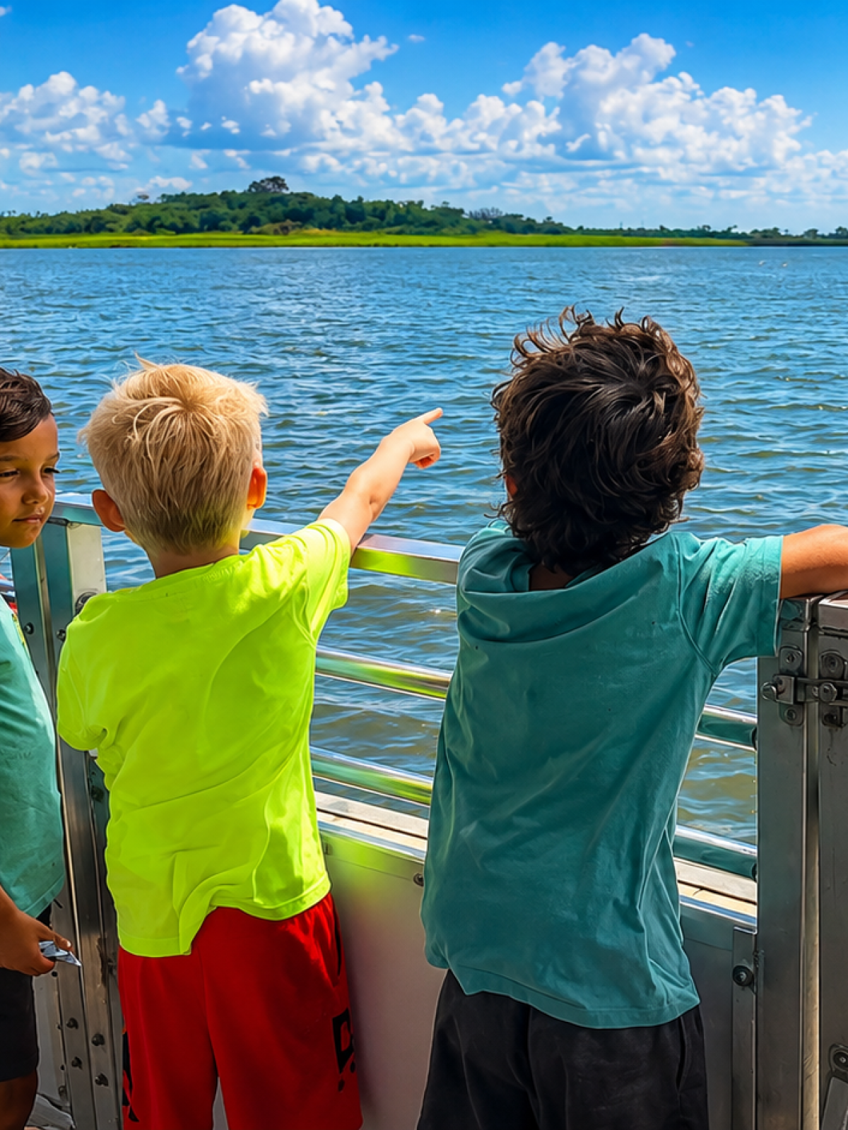 Four boys on a boat pointing at a dolphin in the water on a sunny day.