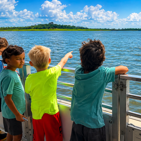 Four boys on a boat pointing at a dolphin in the water on a sunny day.