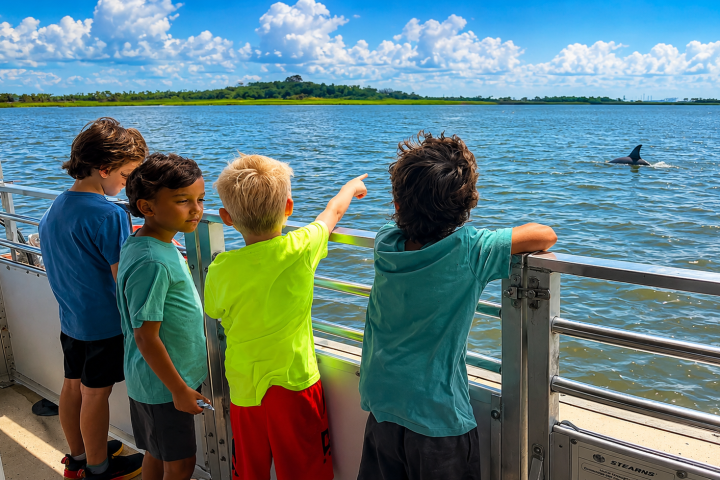 Four boys on a boat pointing at a dolphin in the water on a sunny day.