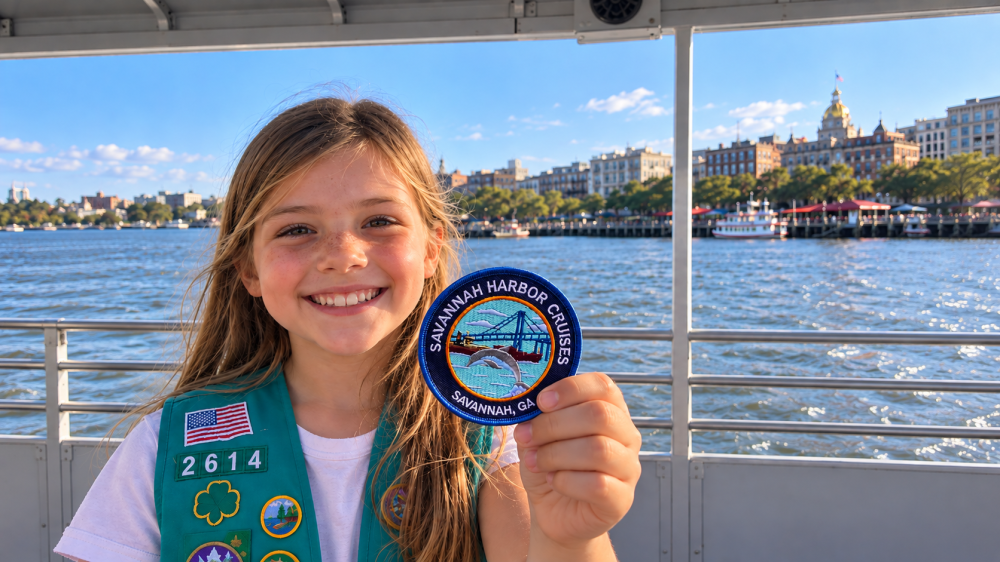Smiling child in green vest holding Savannah Harbor Cruises patch on a boat.