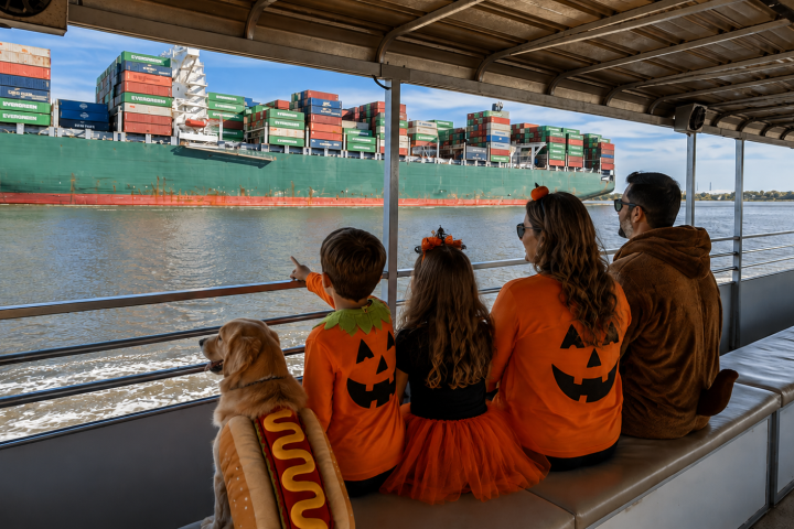Family in Halloween costumes on a boat, watching a large container ship pass by.