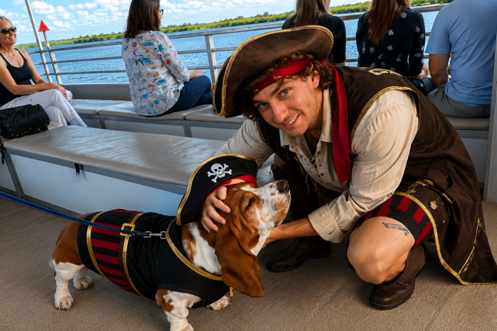 Person and dog in pirate costumes on a boat with seated passengers.